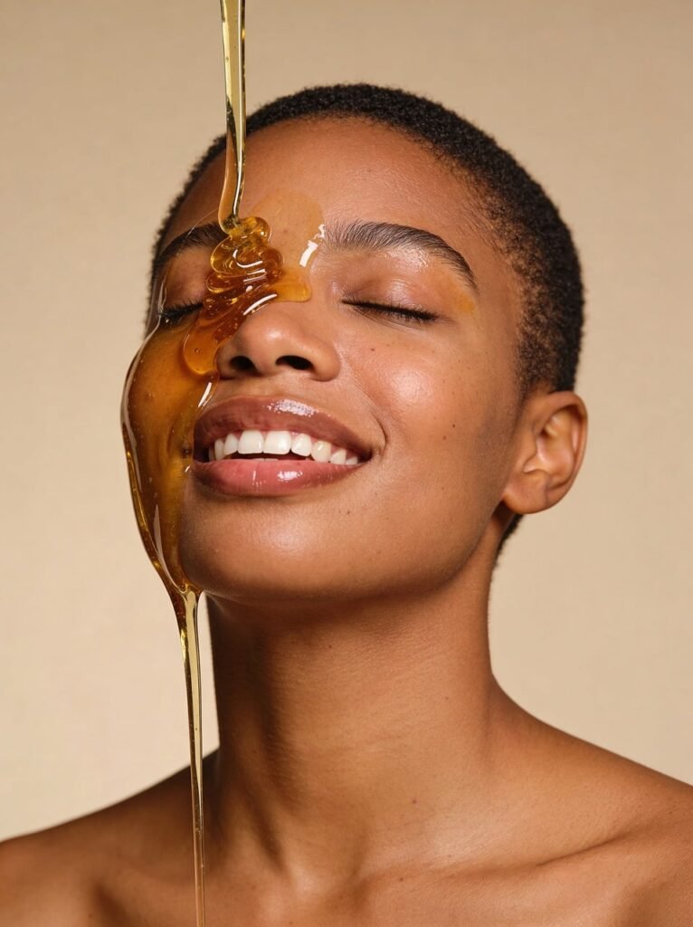 beauty, skincare, honey, woman, face, smile, skin, glow, golden, liquid, dripping, organic, natural, cosmetic, wellness, health, radiant, portrait, black, african, happiness, cheerful, moisture, syrup, sweet